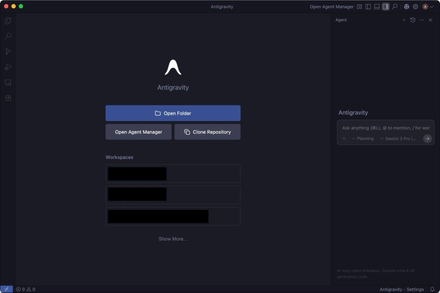 familiar interface of antigravity because of VS code fork