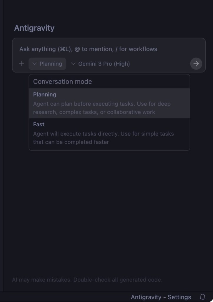 planning and fast mode in antigravity