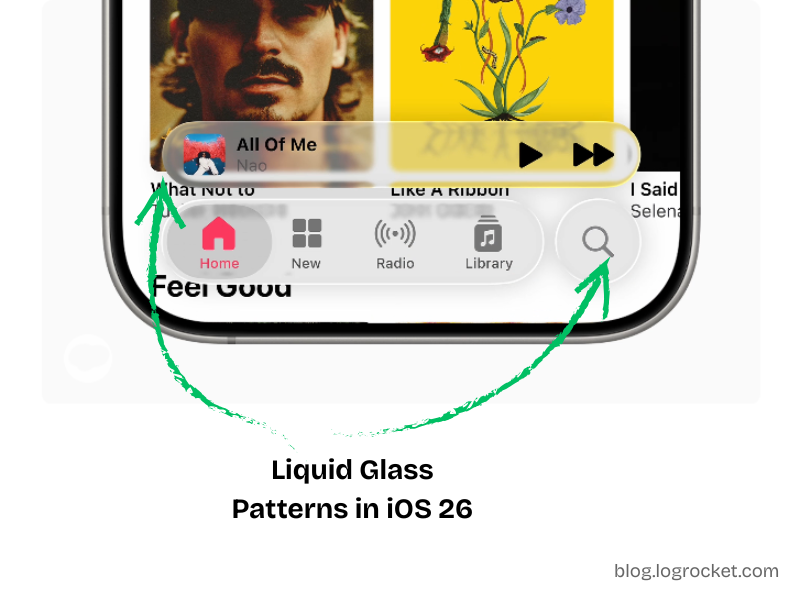 Example of Apple Liquid Glass widgets and buttons in iOS 26