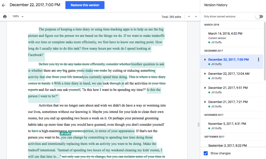 Version History Google Docs