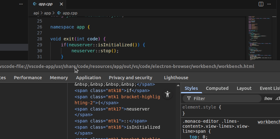 Inspecting VSCode’s DOM elements using Chrome DevTools — imagine resources needed for this vs. resources needed for native, low-level rendering