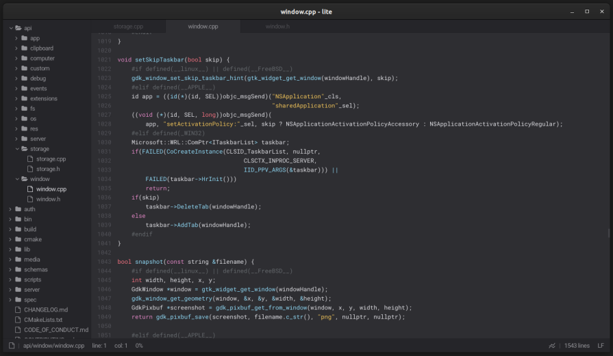 Lite's native code editor