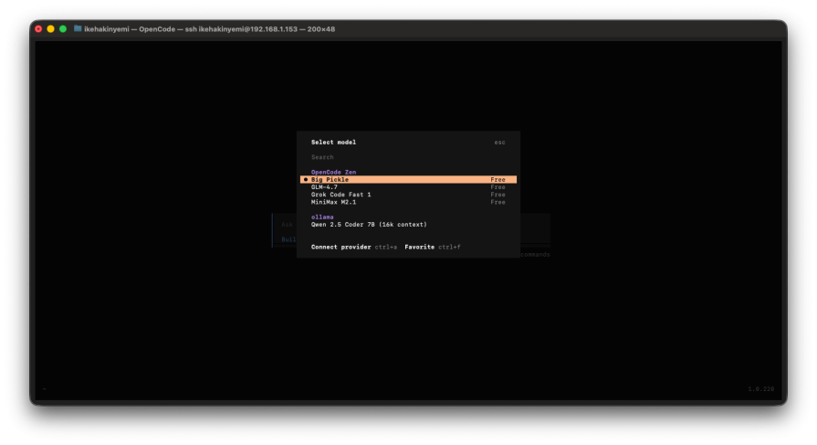 OpenCode terminal UI showing Ollama model selection