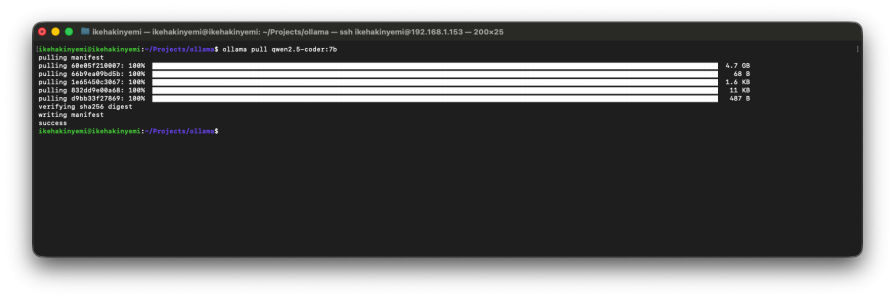 Terminal showing ollama pull qwen2.5-coder-7b download progress