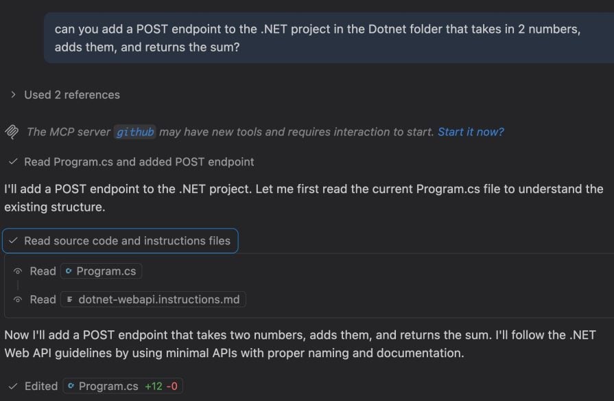 asked Copilot to create a new endpoint in the .NET project