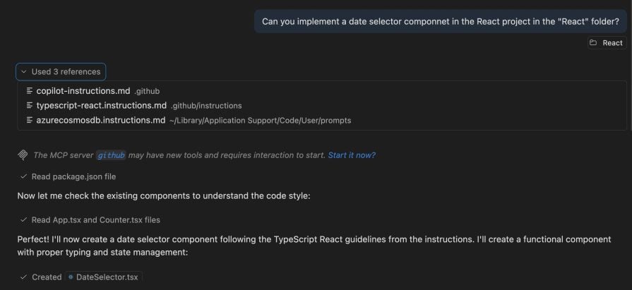 Similarly, with the React project, you’ll notice the same behavior if I ask it to add a Date Selector component: