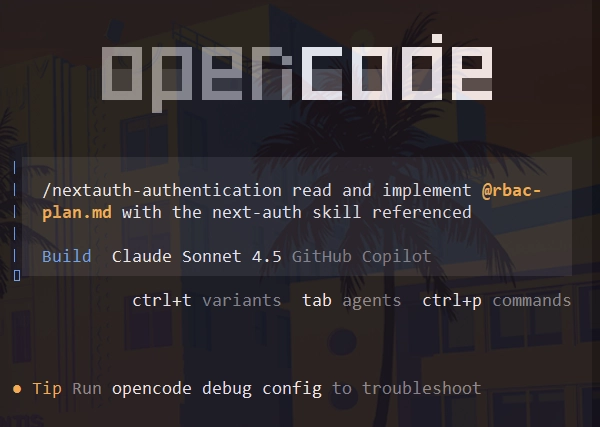 OpenCode interface demonstrating authentication workflows, agent commands, and built-in debugging tools for plugin-based development