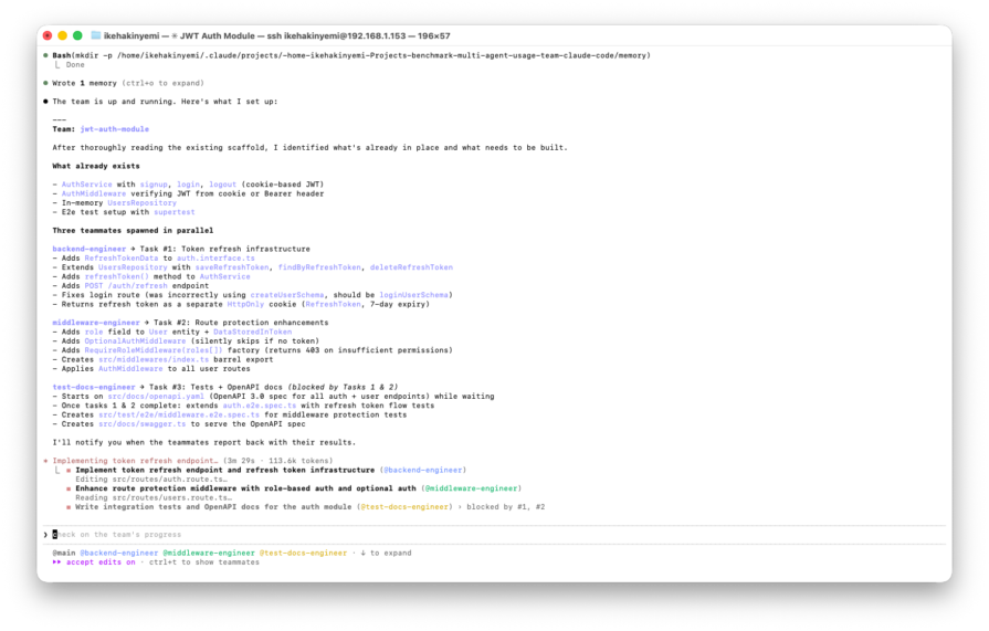 Agent Teams UI, with the orchestrator spawning three concurrent workers (@backend-engineer, @middleware-engineer, @test-docs-engineer) and their shared task execution tree