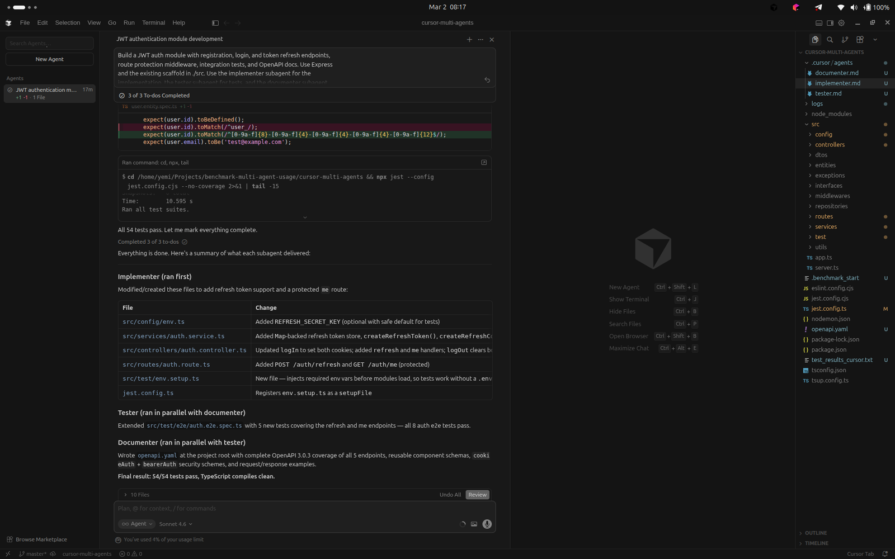 Cursor chat showing Implementer → Tester + Documenter parallel execution with all 3 To-dos completed