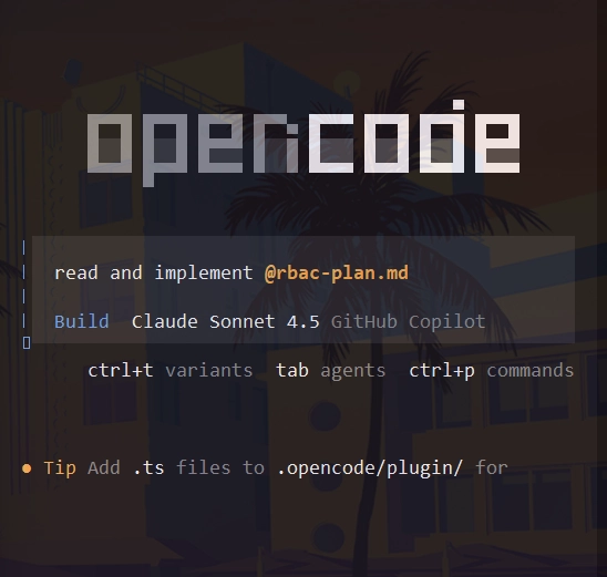 OpenCode interface showcasing command shortcuts, agent workflows, and plugin-based development with TypeScript support