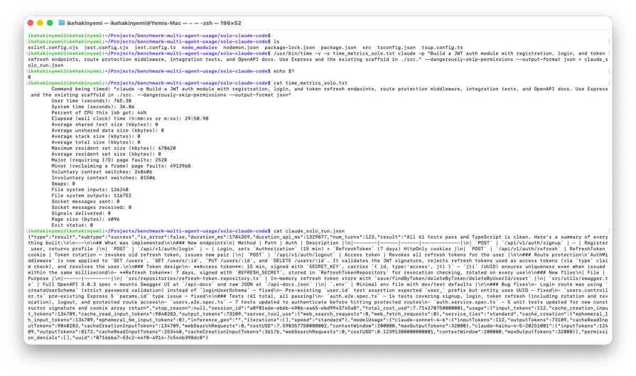 Terminal snippet showing the time wrapper and raw JSON output dump