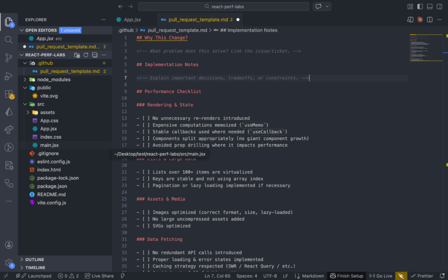 PR template with a performance checklist