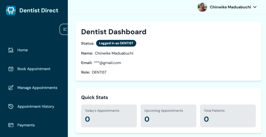 Dentist dashboard displaying profile details, appointment data, and quick stats for daily activity tracking