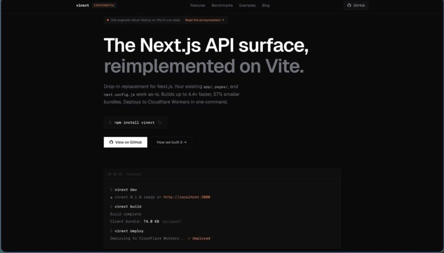 vinext homepage showing Cloudflare’s Vite-based reimplementation of the Next.js API surface
