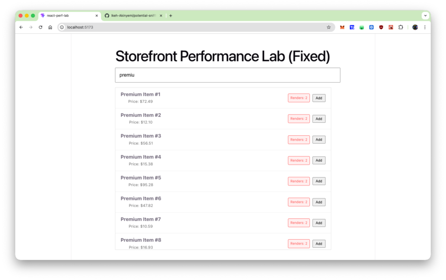 App UI showing nonchanging Render count despite active searching