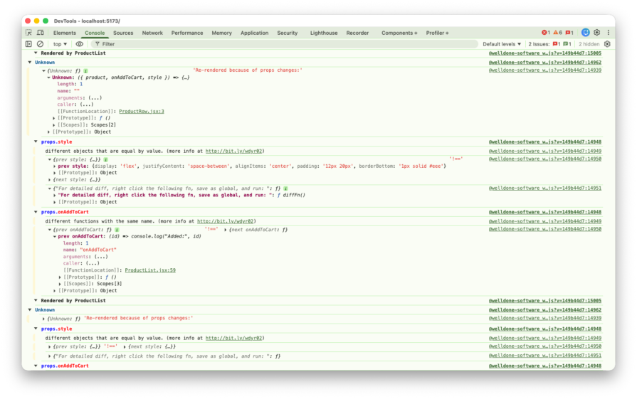 Browser Console output from why-did-you-render confirming reference mismatch.