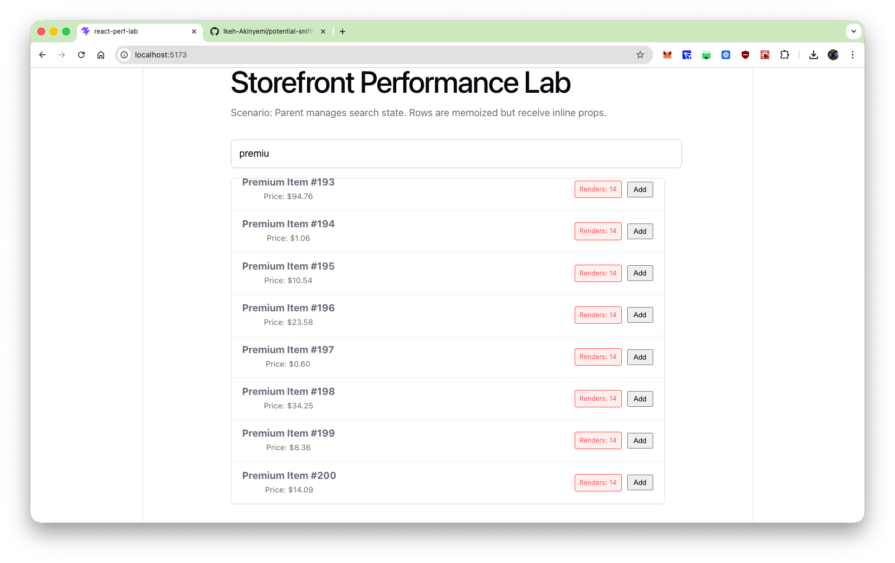 Browser window showing the ProductRow list with Render count badges.