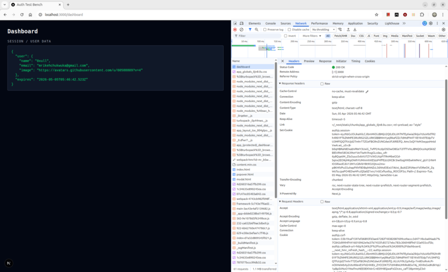 Dashboard page rendering the session JSON with the authjs.session-token cookie in DevTools Application tab