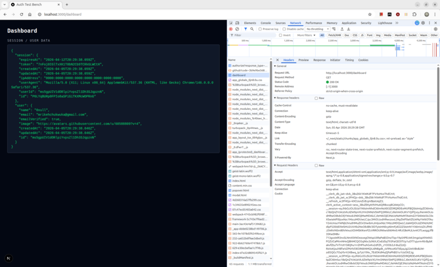 Dashboard rendering the Better Auth session JSON showing both session and user objects