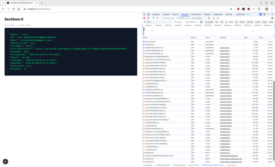 Dashboard rendering the WorkOS user object JSON with the wos-session cookie in DevTools Application tab