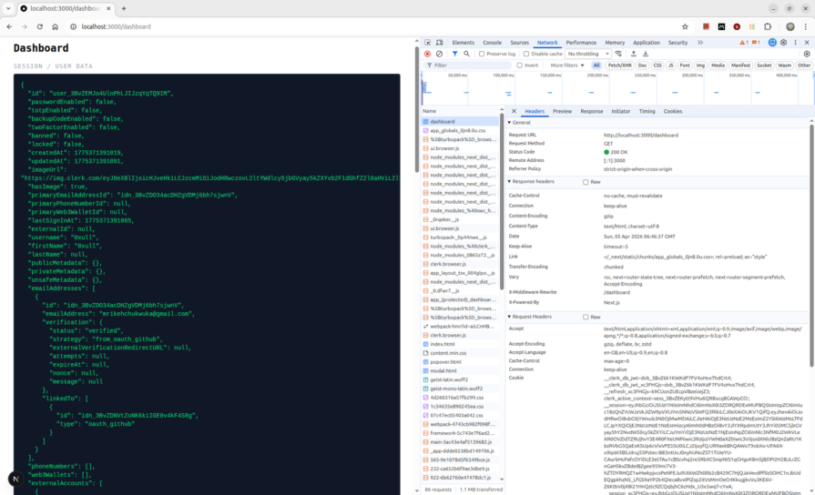 Dashboard rendering the full Clerk user object JSON with the DevTools Network tab showing __session and __clerk_db_jwt cookies in the request headers