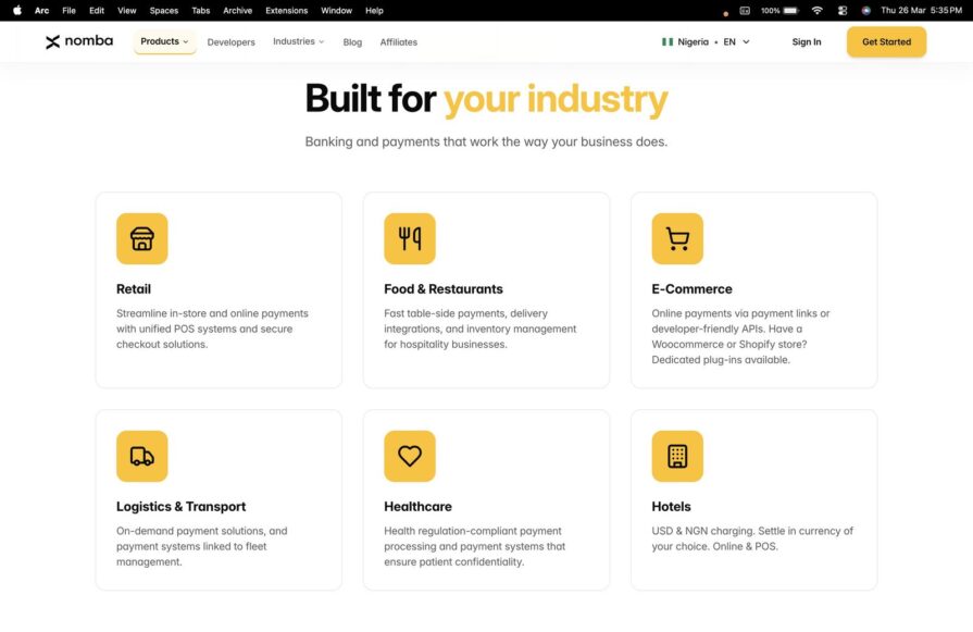Nomba homepage UI after the redesign