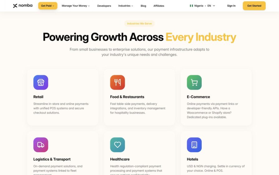 Nomba homepage UI before the redesign