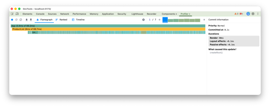 React DevTools Profiler after fix showing ProductList at 6ms
