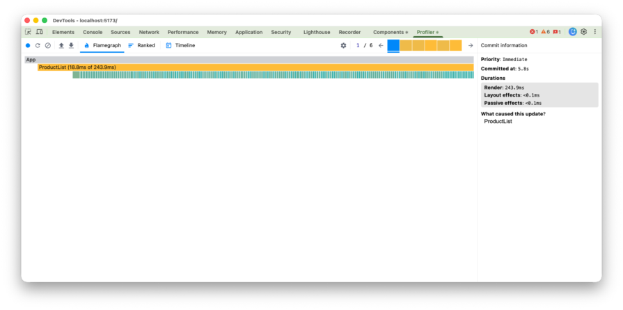 React DevTools Profiler tab showing a Flamegraph for ProductList re-processing.