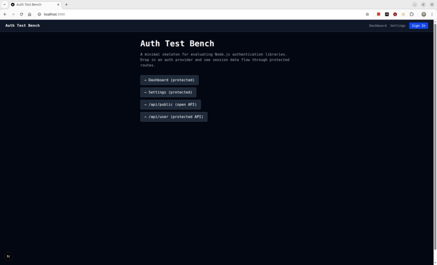 The homepage of the Auth test bench web app