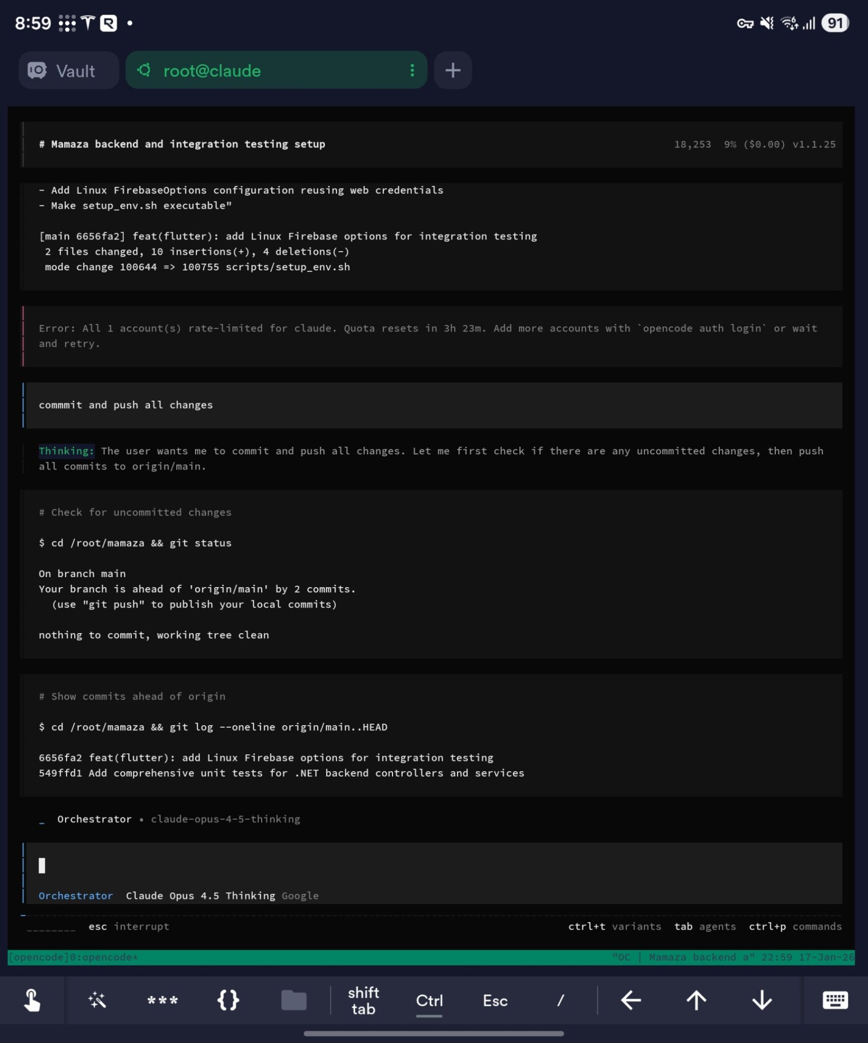 Terminal screenshot showing OpenCode receiving a typo-filled prompt typed on a phone keyboard and correctly interpreting the request
