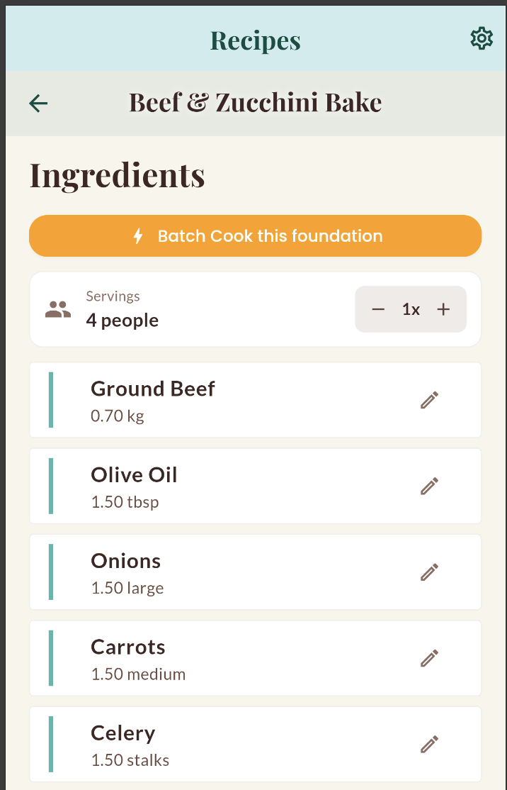 Screenshot of a Flutter app recipe page with batch cooking functionality incorrectly placed on the recipe detail screen
