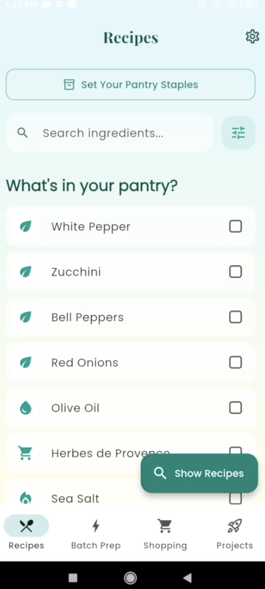 Screenshot of a Flutter app UI designed by an AI agent using oh my opencode, showing a clean recipe and batch cooking interface