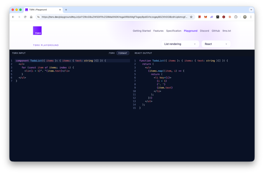 List rendering example showing TSRX for...of source to compiled .map() in React