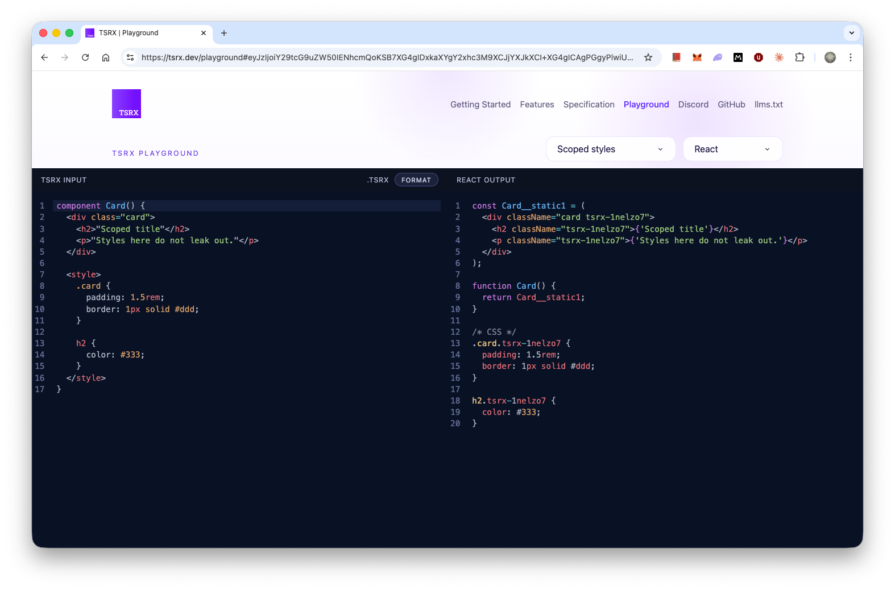 Scoped styles example showing the hashed className in compiled React output