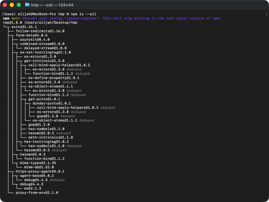 Terminal output showing Axios transitive dependencies