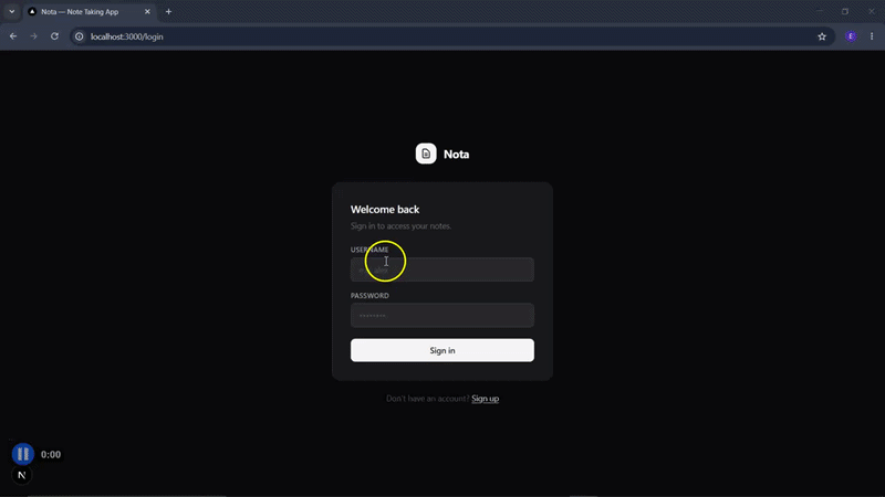 Nota note-taking app before adding the password reset flow, showing the main editor and sidebar