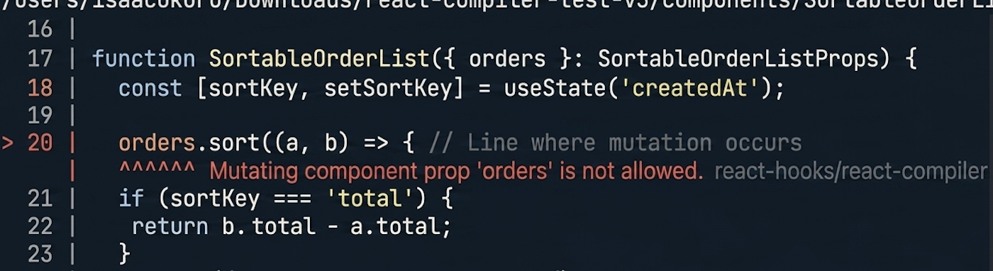 ESLint error showing react-hooks/react-compiler rule flagging prop mutation in SortableOrderList component