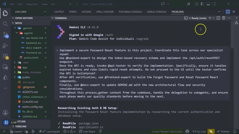 Animated recording of Gemini CLI subagents collaborating through the password reset implementation steps
