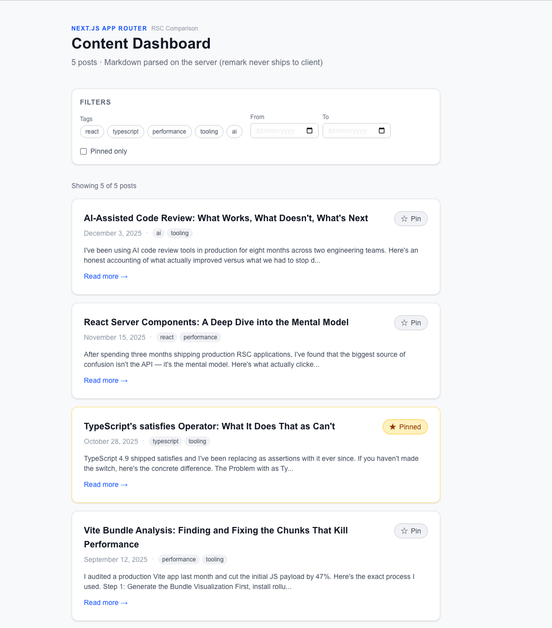 Screenshot of the content dashboard running in Next.js App Router