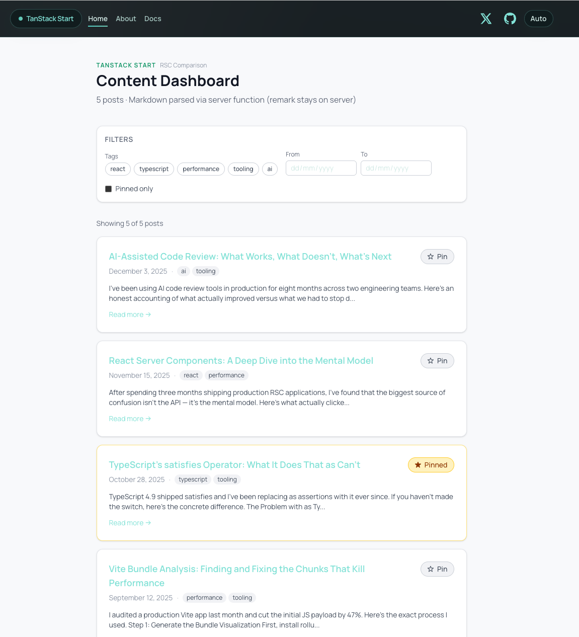 Screenshot of the same content dashboard running in TanStack Start