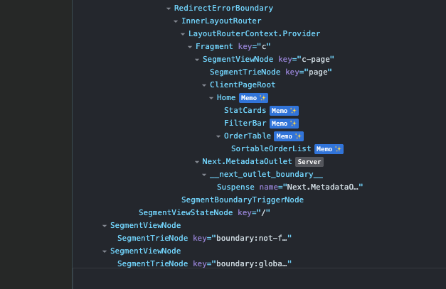 React DevTools showing the Memo sparkle badge on SortableOrderList component despite a React rules violation