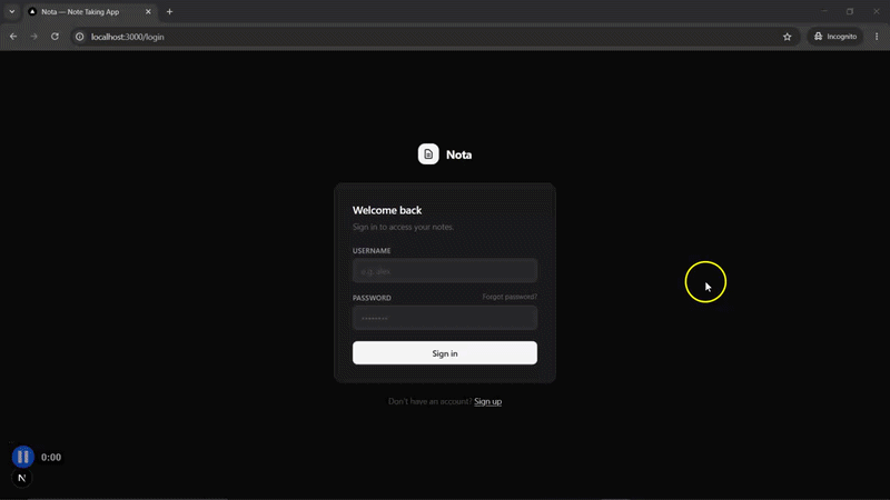 Animated demo of the completed password reset flow running in the Nota app