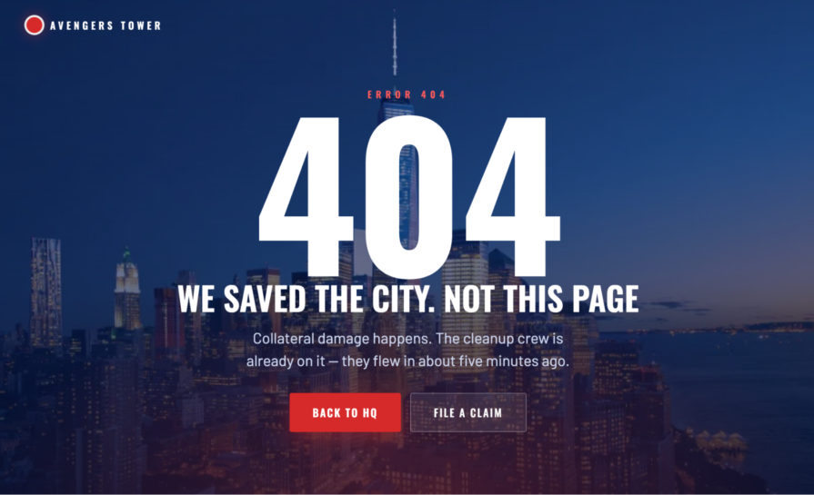 Avengers Tower-inspired 404 page