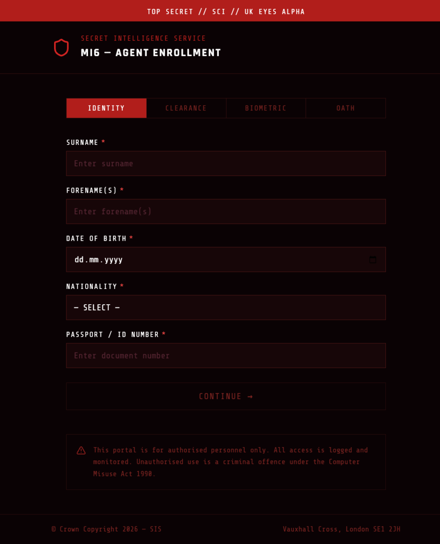 Hand-designed MI6 sign-up page