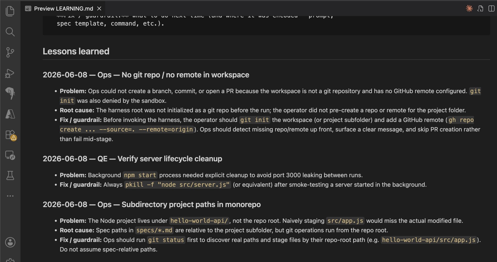 LEARNING.md file contents after several harness runs showing accumulated lessons about git staging paths and test patterns