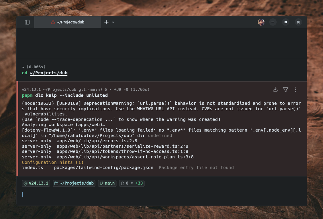 Knip terminal output showing unlisted ghost dependencies flagged in a real project