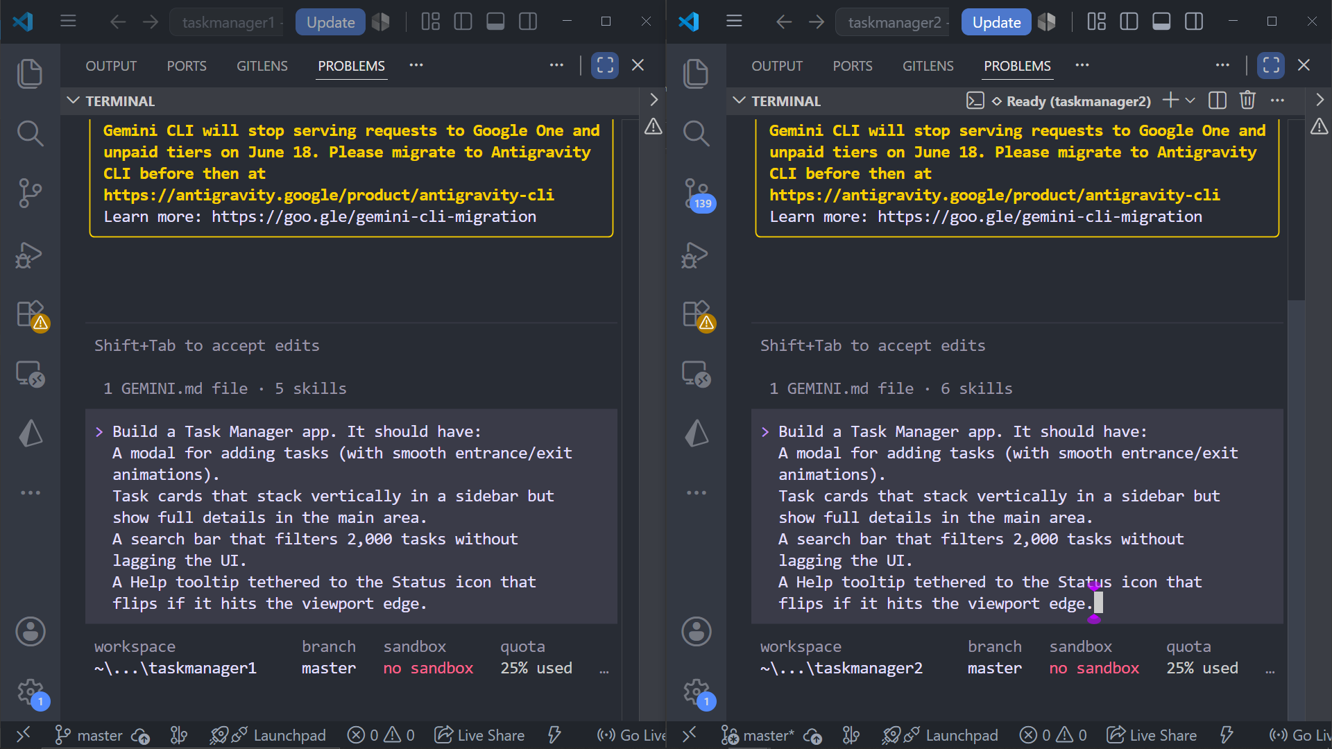 Task Manager prompt entered in Gemini CLI terminal interface
