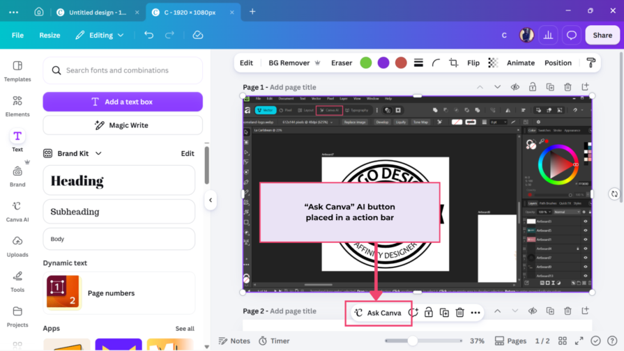 Ask Canva highlighted in Canva’s action bar