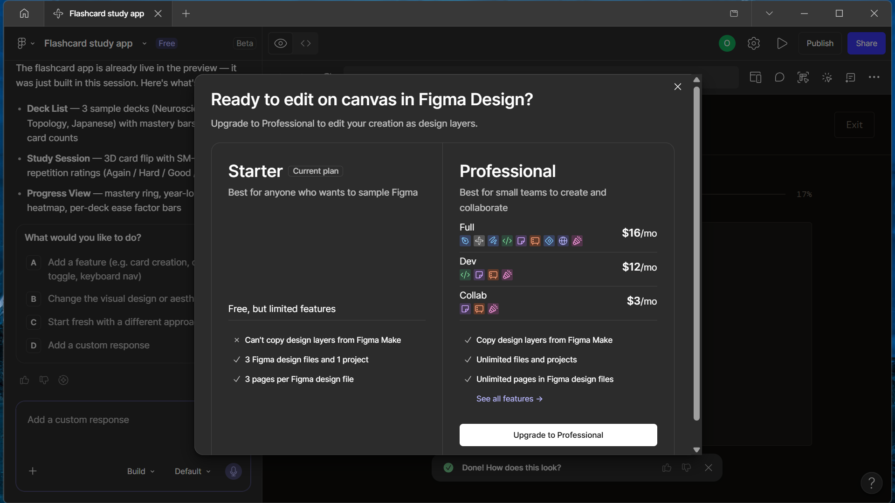 Figma modal showing pricing for various tiers